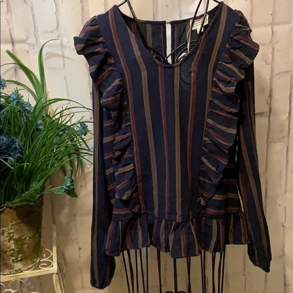 Love Riche Striped Ruffled Shirt Bohemian Long Sleeve 100% Cotton Pull Over